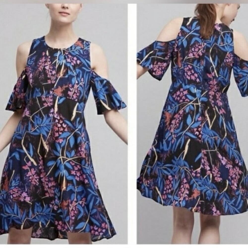 Anthropologie Maeve Elia Floral Ruffle Sleeve Flouncy Cold Shoulder Dress Size10